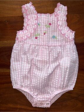 Penelope Mack Pink Gingham Seersucker Romper with Floral Embroidery